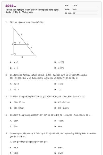 18 câu Trắc nghiệm Toán 8 Bài 67 Trường hợp đồng dạng thứ ba có đáp án (Thông hiểu)