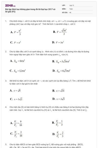 Bài tập Hình học không gian trong đề thi Đại học 2017 có lời giải (P2)