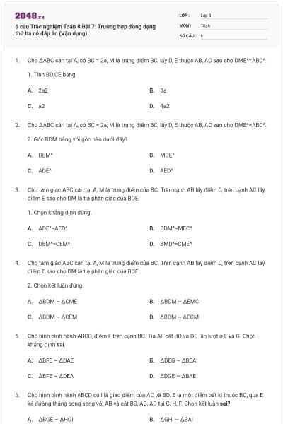 6 câu Trắc nghiệm Toán 8 Bài 7: Trường hợp đồng dạng thứ ba có đáp án (Vận dụng)