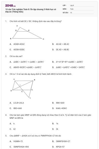 10 câu Trắc nghiệm Toán 8: Ôn tập chương 3 Hình học có đáp án (Thông hiểu)