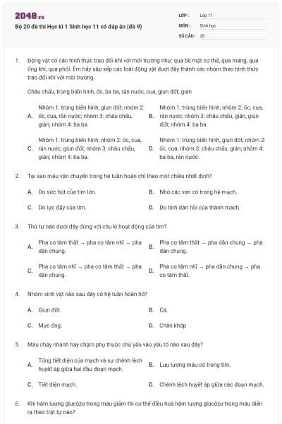 Bộ 20 đề thi Học kì 1 Sinh học 11 có đáp án (đề 9)