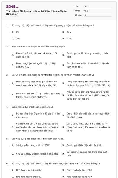 Trắc nghiệm Sử dụng an toàn và tiết kiệm điện có đáp án (Nhận biết)