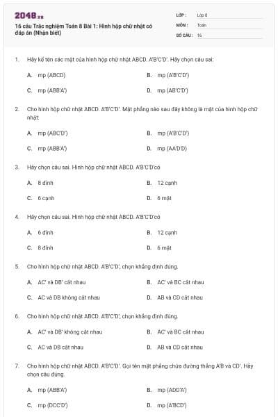 16 câu Trắc nghiệm Toán 8 Bài 1: Hình hộp chữ nhật có đáp án (Nhận biết)
