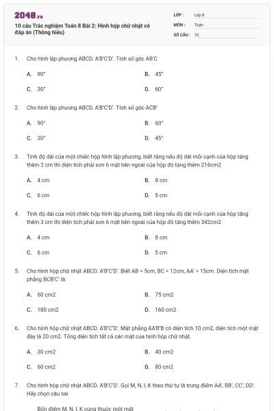 10 câu Trắc nghiệm Toán 8 Bài 2: Hình hộp chữ nhật có đáp án (Thông hiểu)