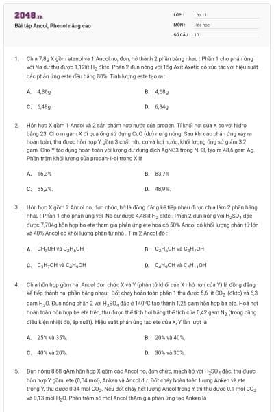 Bài tập Ancol, Phenol nâng cao
