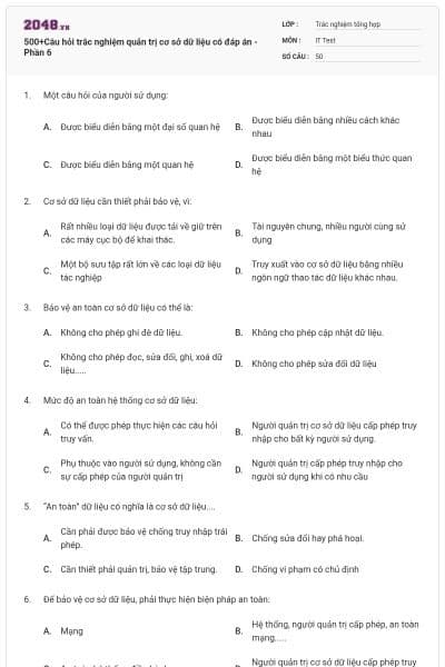 500+Câu hỏi trắc nghiệm quản trị cơ sở dữ liệu có đáp án - Phần 6