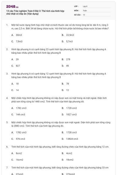 13 câu Trắc nghiệm Toán 8 Bài 3: Thể tích của hình hộp chữ nhật có đáp án (Vận dụng)