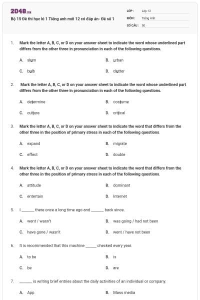 Bộ 15 Đề thi học kì 1 Tiếng anh mới 12 có đáp án- Đề số 1