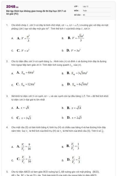 Bài tập Hình học không gian trong đề thi Đại học 2017 có lời giải (P2)