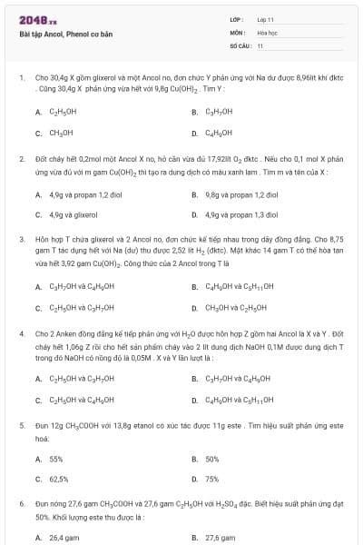 Bài tập Ancol, Phenol cơ bản