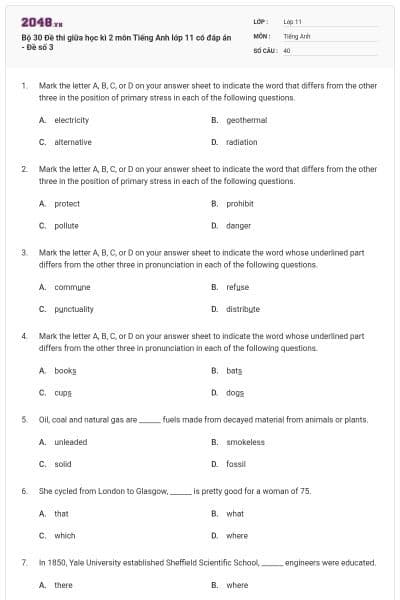 Bộ 30 Đề thi giữa học kì 2 môn Tiếng Anh lớp 11 có đáp án - Đề số 3