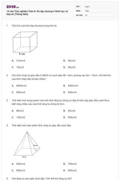 14 câu Trắc nghiệm Toán 8: Ôn tập chương 4 Hình học có đáp án (Thông hiểu)