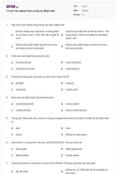 15 câu Trắc nghiệm Este có đáp án (Nhận biết)