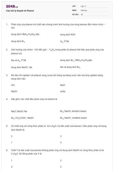 Câu hỏi lý thuyết về Phenol