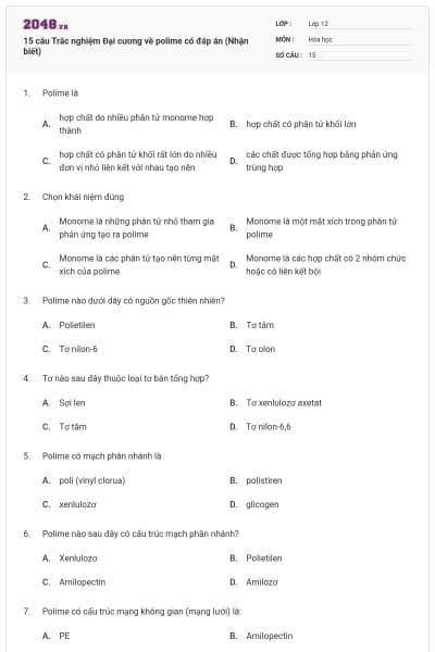 15 câu Trắc nghiệm Đại cương về polime có đáp án (Nhận biết)