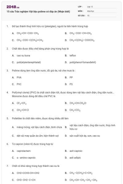 15 câu Trắc nghiệm Vật liệu polime có đáp án (Nhận biết)