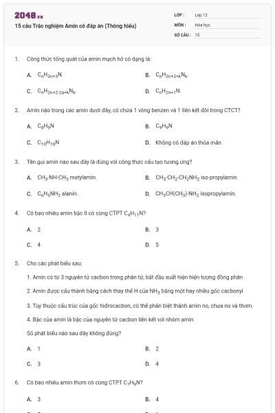 15 câu Trắc nghiệm Amin có đáp án (Thông hiểu)