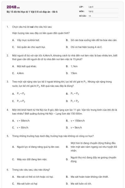 Bộ 15 đề thi Học kì 1 Vật lí 8 có đáp án - Đề 6