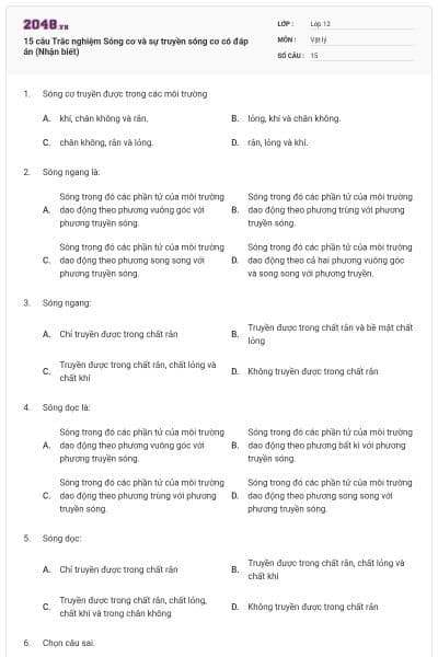 15 câu Trắc nghiệm Sóng cơ và sự truyền sóng cơ có đáp án (Nhận biết)