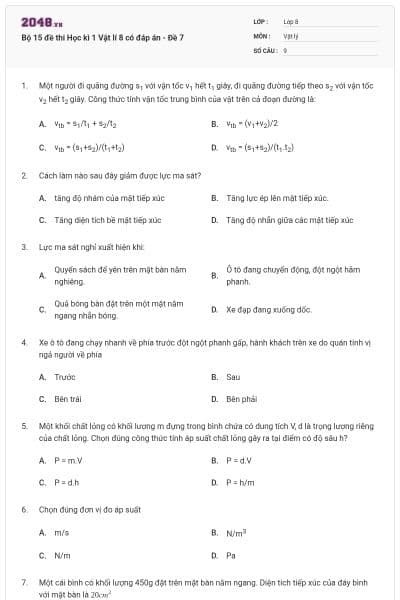 Bộ 15 đề thi Học kì 1 Vật lí 8 có đáp án - Đề 7