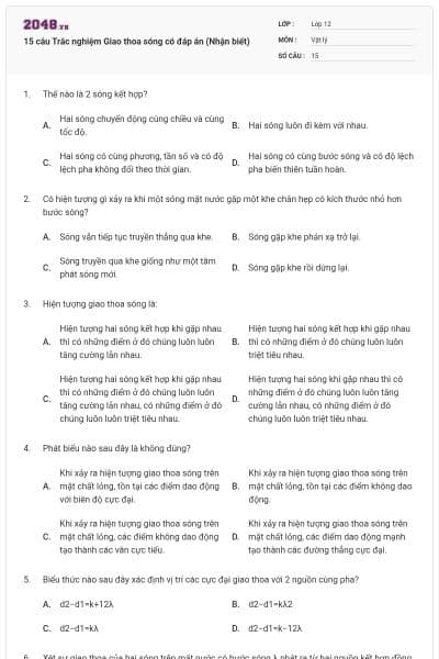 15 câu Trắc nghiệm Giao thoa sóng có đáp án (Nhận biết)