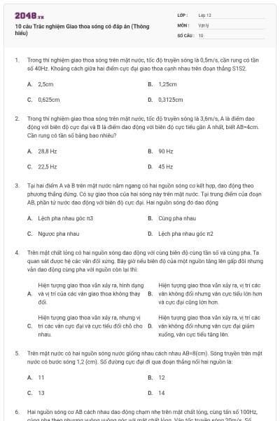 10 câu Trắc nghiệm Giao thoa sóng có đáp án (Thông hiểu)