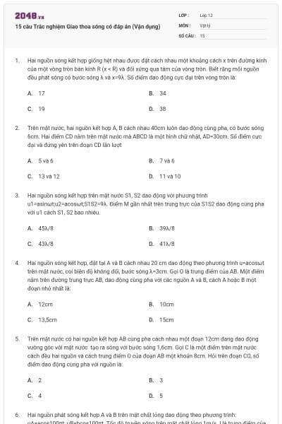 15 câu Trắc nghiệm Giao thoa sóng có đáp án (Vận dụng)