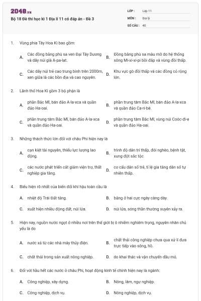 Bộ 18 Đề thi học kì 1 Địa lí 11 có đáp án - Đề 3