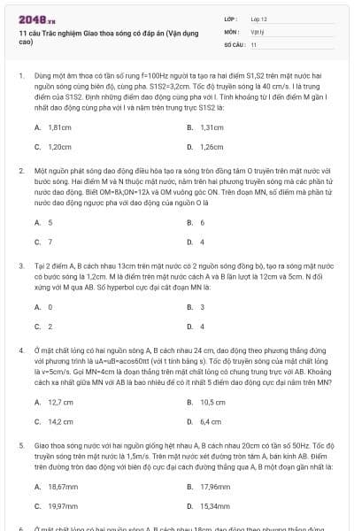 11 câu Trắc nghiệm Giao thoa sóng có đáp án (Vận dụng cao)