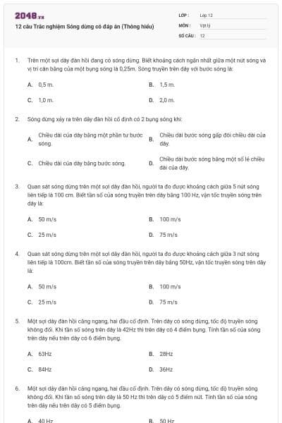 12 câu Trắc nghiệm Sóng dừng có đáp án (Thông hiểu)