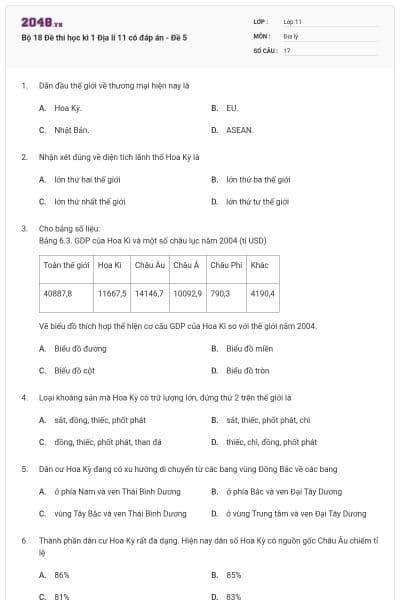 Bộ 18 Đề thi học kì 1 Địa lí 11 có đáp án - Đề 5