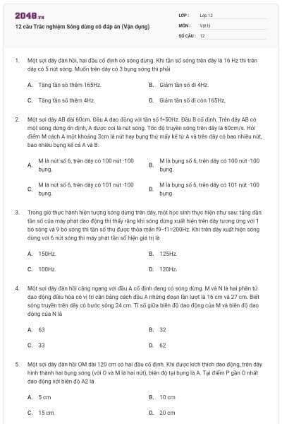 12 câu Trắc nghiệm Sóng dừng có đáp án (Vận dụng)