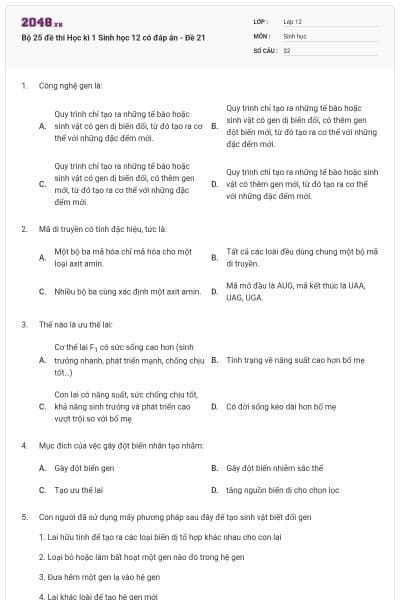 Bộ 25 đề thi Học kì 1 Sinh học 12 có đáp án - Đề 21