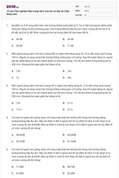 15 câu Trắc nghiệm Đặc trưng vật lí của âm có đáp án (Vận dụng cao)