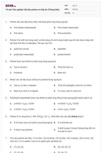 15 câu Trắc nghiệm Vật liệu polime có đáp án (Thông hiểu)