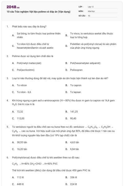 10 câu Trắc nghiệm Vật liệu polime có đáp án (Vận dụng)
