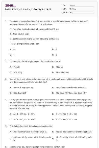 Bộ 25 đề thi Học kì 1 Sinh học 12 có đáp án - Đề 22