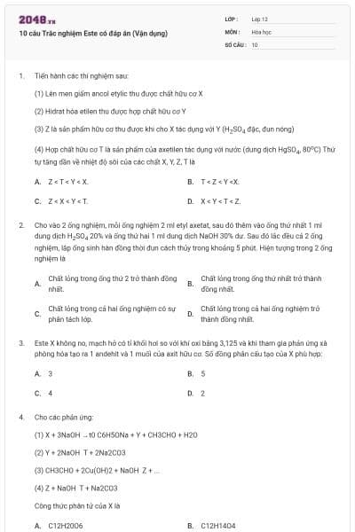 10 câu Trắc nghiệm Este có đáp án (Vận dụng)