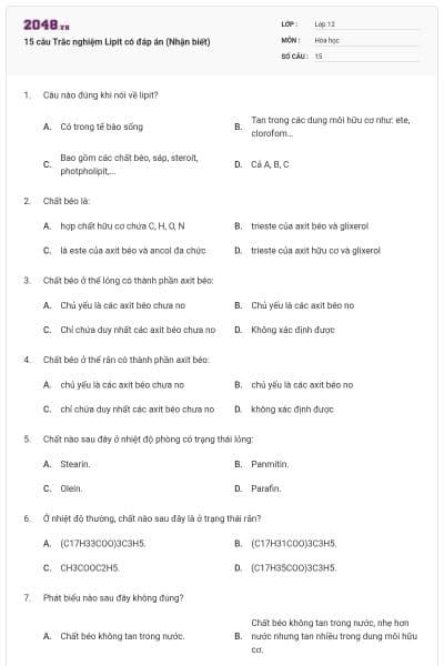 15 câu Trắc nghiệm Lipit có đáp án (Nhận biết)