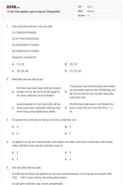 14 câu Trắc nghiệm Lipit có đáp án (Thông hiểu)