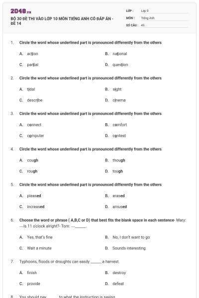 BỘ 30 ĐỀ THI VÀO LỚP 10 MÔN TIẾNG ANH CÓ ĐÁP ÁN - ĐỀ 14