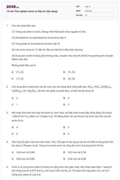10 câu Trắc nghiệm Amin có đáp án (Vận dụng)