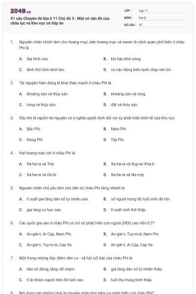 51 câu Chuyên đề Địa lí 11 Chủ đề 3 : Một số vấn đề của châu lục và khu vực có đáp án