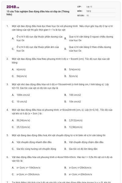 15 câu Trắc nghiệm Dao động điều hòa có đáp án (Thông hiểu)
