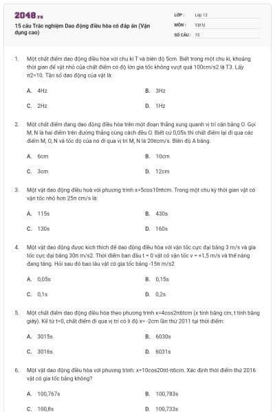 15 câu Trắc nghiệm Dao động điều hòa có đáp án (Vận dụng cao)