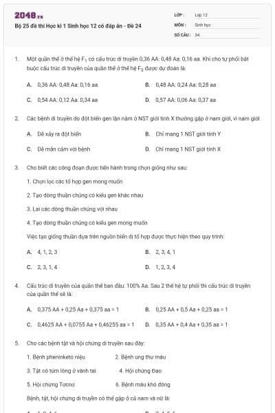 Bộ 25 đề thi Học kì 1 Sinh học 12 có đáp án - Đề 24