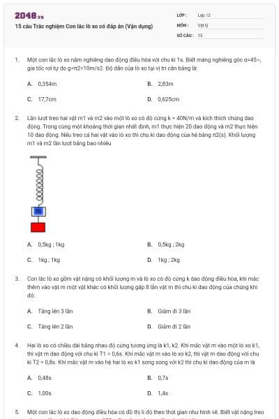 15 câu Trắc nghiệm Con lắc lò xo có đáp án (Vận dụng)