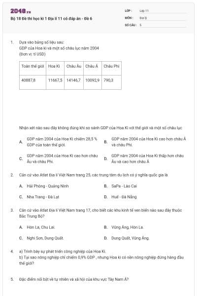 Bộ 18 Đề thi học kì 1 Địa lí 11 có đáp án - Đề 6