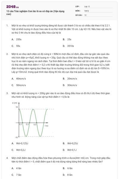 12 câu Trắc nghiệm Con lắc lò xo có đáp án (Vận dụng cao)