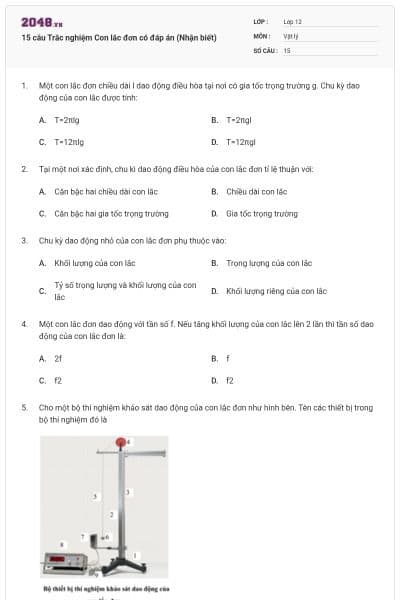 15 câu Trắc nghiệm Con lắc đơn có đáp án (Nhận biết)